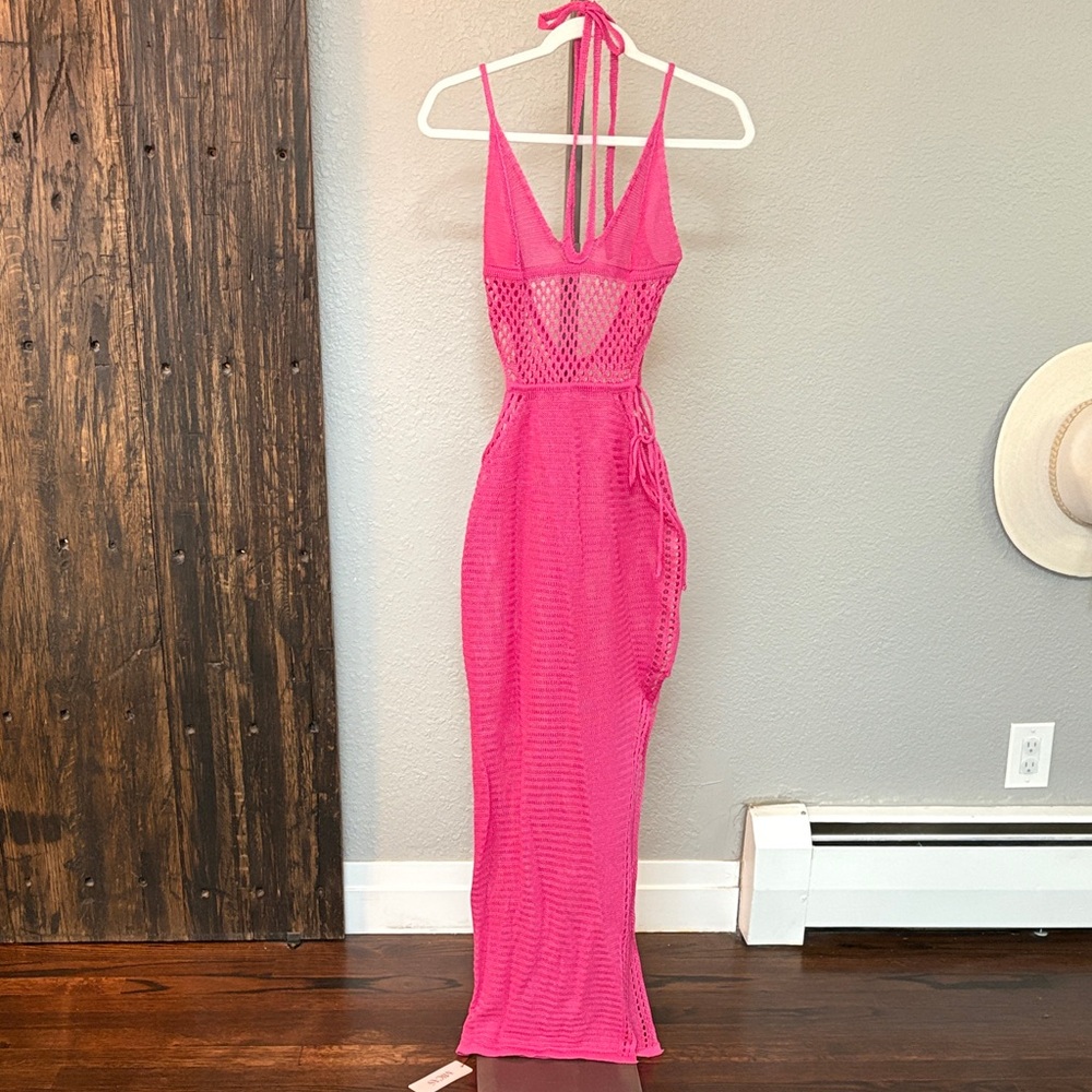 NWT Pink Halter Crochet Maxi Dress
